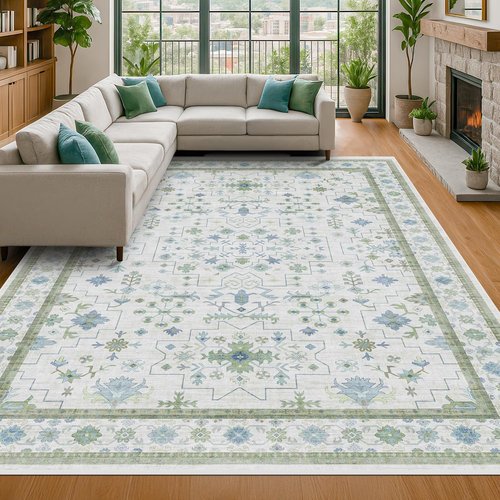 Hazo Haus Washable Area Rugs - Extra Large 10x12 Cream, Blue & Green Floral Geometric Design