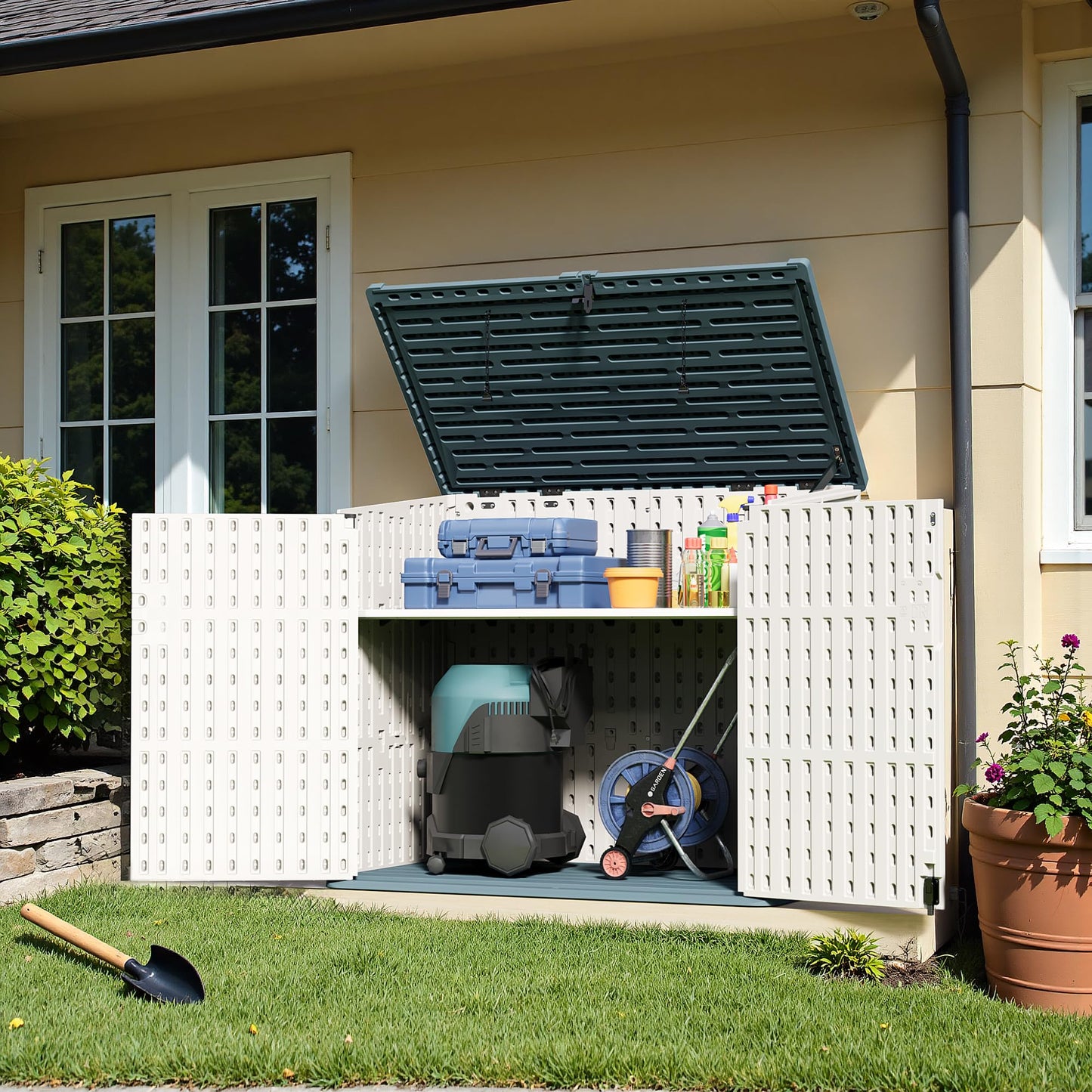Greesum Outdoor Trash Can Storage Shed, 34 Cu.ft Horizontal Outdoor Storage Cabinet, Waterproof for Garden, Pool Storage, Garbage Cans, Beige