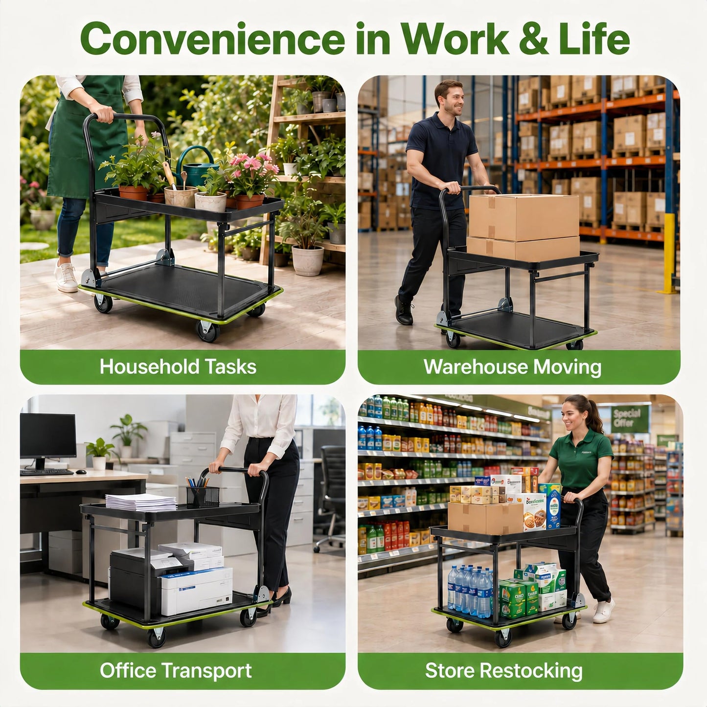 Amarite 2 Tier Platform Truck 700lbs Heavy Duty Push Cart Dolly with 360° Swivel Wheels, Foldable Rolling Flatbed Cart with Detachable Top Shelf for Warehouse and Office, Steel, 28.8" L x 18.5" W