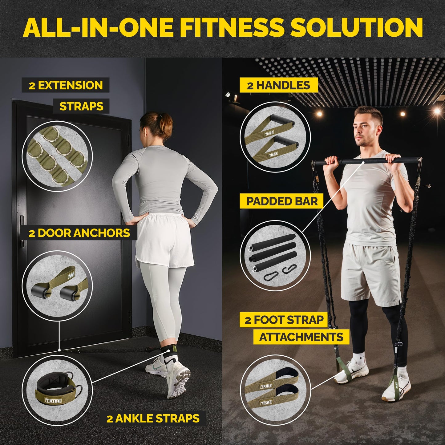 Tube Resistance Bands for Working Out Men and Women - 180lb Exercise Bands Set with Handles, Resistance Band Bar, Ankle Straps, Foot Straps, Door Anchor for Home Gym Strength (Military Green)