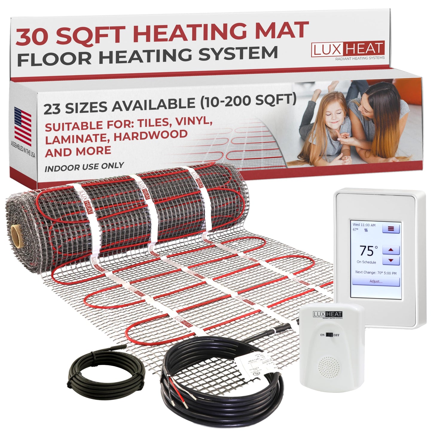 LuxHeat 30sqft Floor Heating Mat Kit - 120v Under Tile Floor Heating System - Complete Electric Radiant Heated Flooring System Includes Alarm, UDG4 Programmable Thermostat w/GFCI & Flooring Sensor