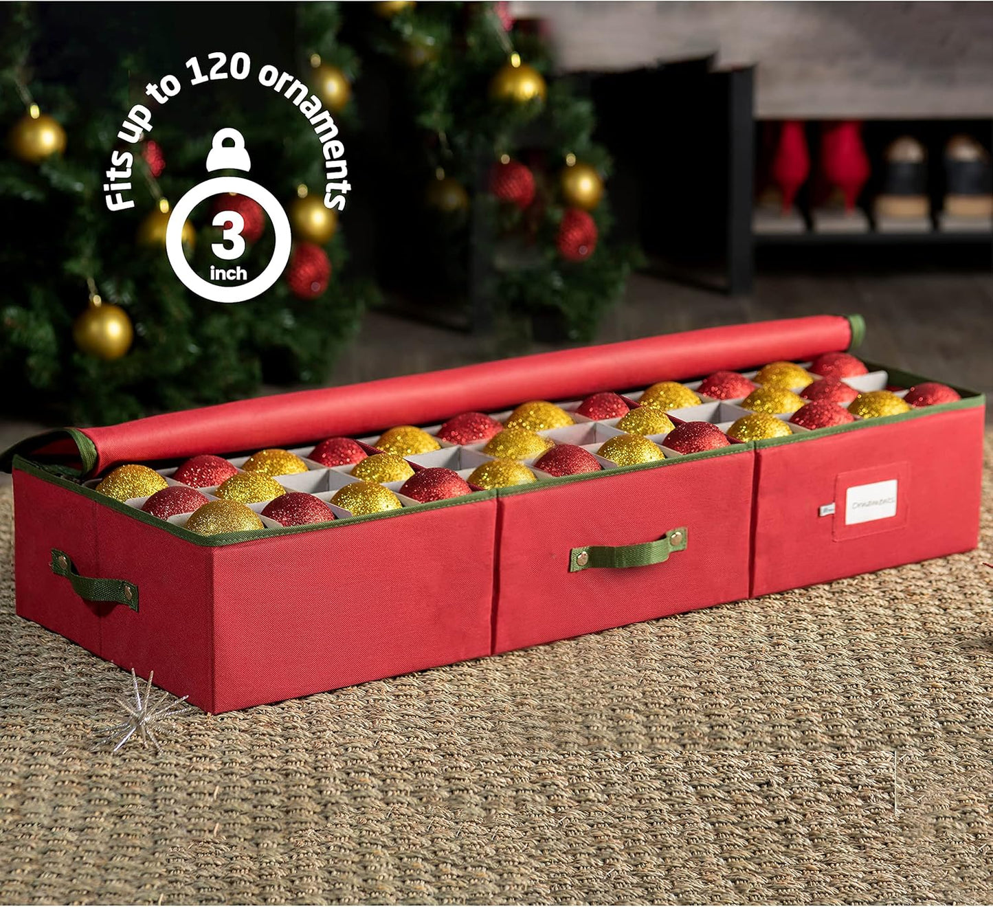ZOBER Christmas Ornament Storage Box - Holds 120 3" Ornaments with Dividers - Durable Tear-Proof 600D Oxford Fabric - Red