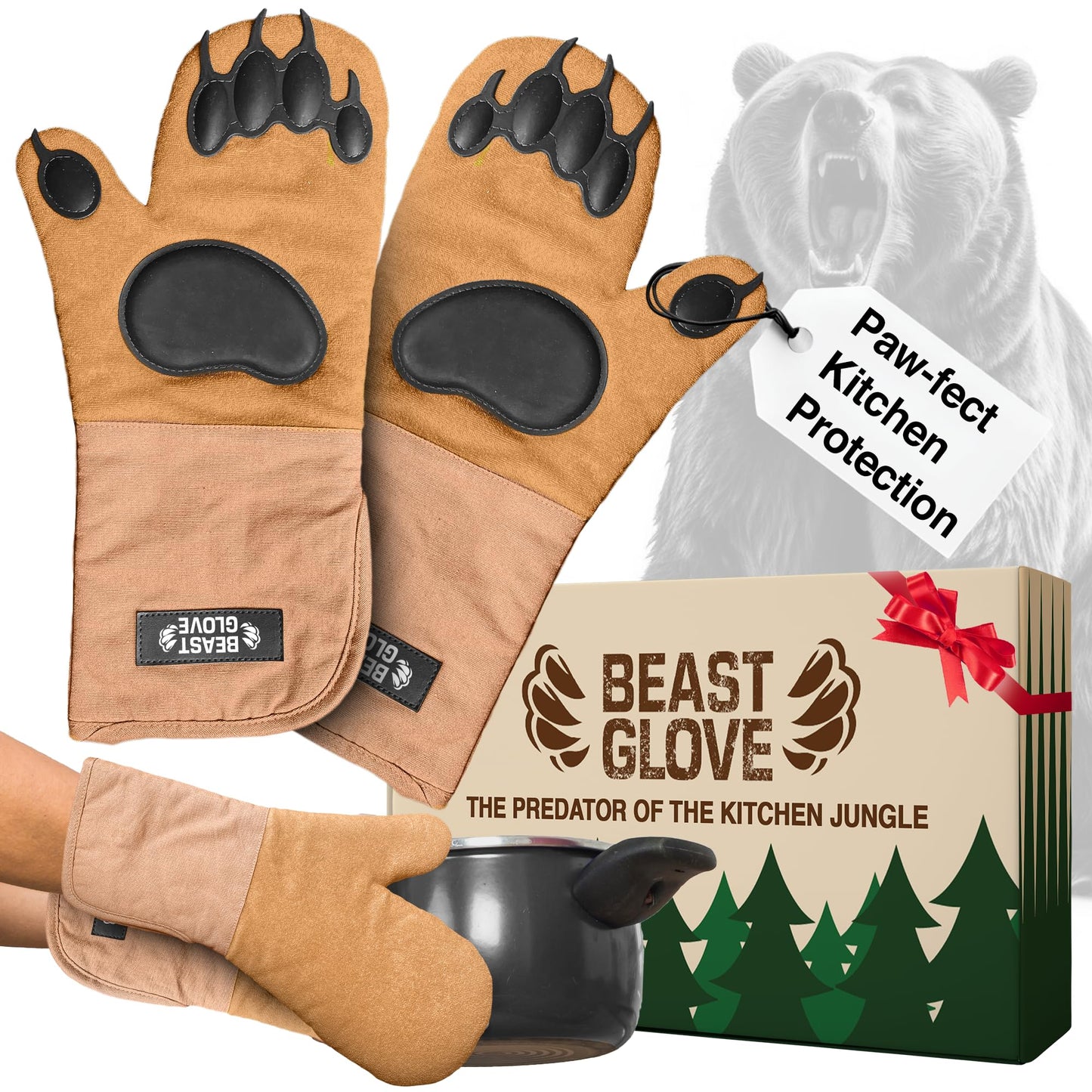 Bear Paw Oven Mitts (Beast Gloves) Funny Heat Resistant Oven Gloves, Non Slip Silicone Grip Bear Hands, Thick Potholders Set for Baking Grilling BBQ, Kitchen Gift, Cooking Gifts Kitchen Mitts Set