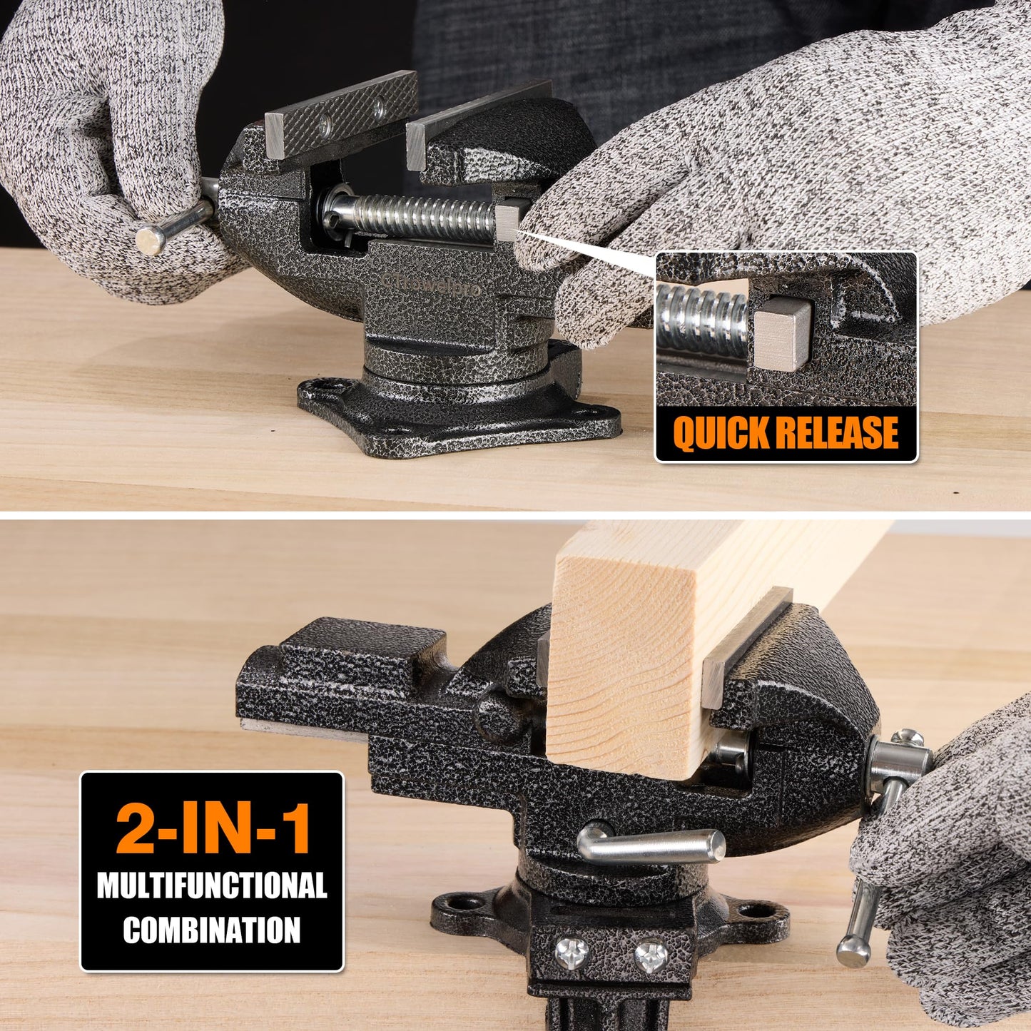 Dual-Purpose Combined Universal Vise 360°Swivel Base Work,Multi-Purpose Bench Vise 3.3", Table Vise with Quick Adjustment, Multi-Jaw, Easy Adjustment for Woodworking, Metalworking,Cutting Conduit