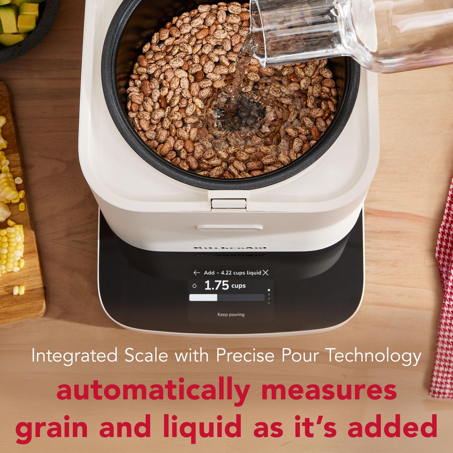 KitchenAid Compact 8 Cup (1.9 Liter) Grain and Rice Cooker with Automatic Sensing and Integrated Scale, KGC2154, Porcelain White