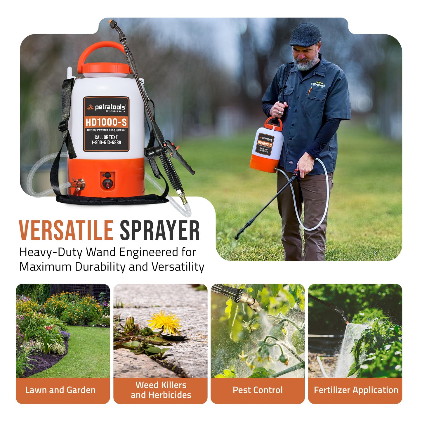 PetraTools Battery Powered Sprayer 1 Gallon - HD1000-S - Heavy Duty Electric Sprayer for Lawn and Garden Weed/Pest Control, Watering - with Battery, Charger & 2 Nozzles (1 Gallon)