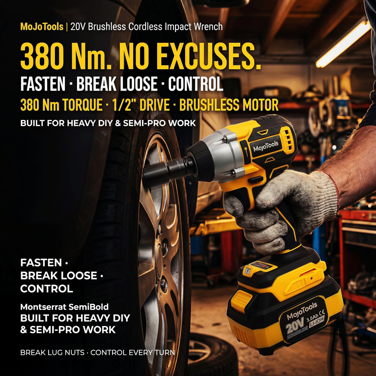 MoJoTools Brushless Cordless Power Tool Combo Kit for Heavy DIY & Semi-Professional Use – 50Nm Drill Driver, 380Nm Impact Wrench, 5" Angle Grinder LCD, 2×3000mAh Batteries, Carry Case &&Accessories