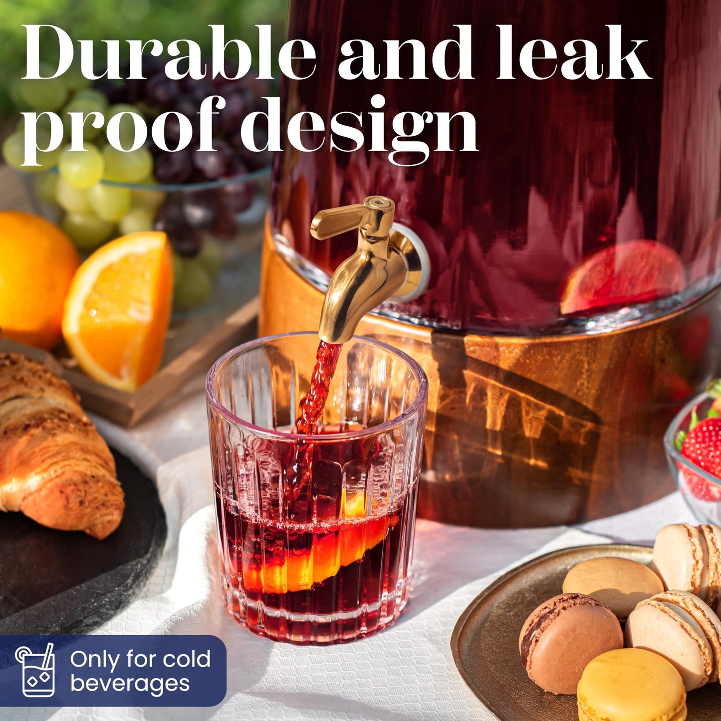 FOODLE Extra Large Glass Drink Dispenser with Spigot - Glass Beverage Dispenser with Stand - Perfect for Parties & Catering - Pitcher for Lemonade, Water, Sangria & Juice - Leakproof Spout - 3 Gallon