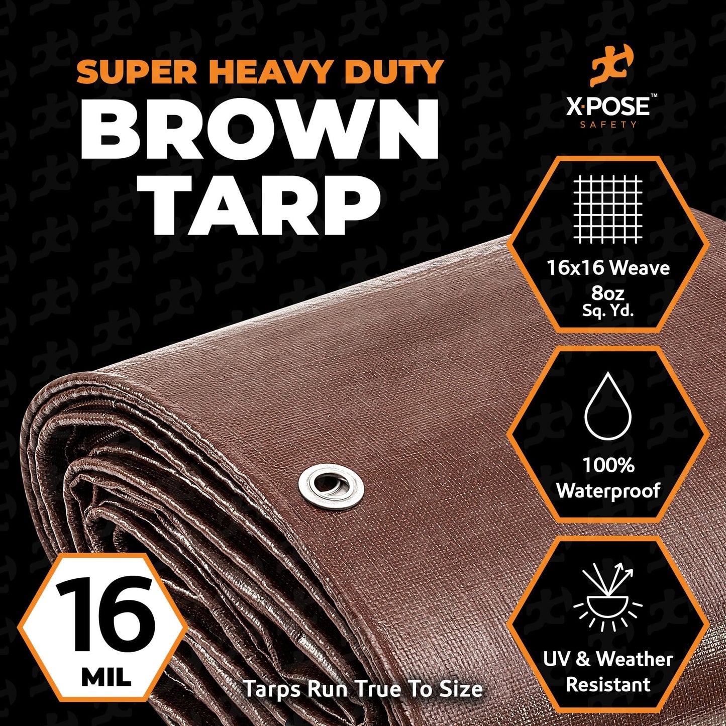 30' x 30' Super Heavy Duty 16 Mil Brown Poly Tarp Cover - Thick Waterproof, UV Resistant, Rip and Tear Proof Tarpaulin with Grommets and Reinforced Edges - by Xpose Safety