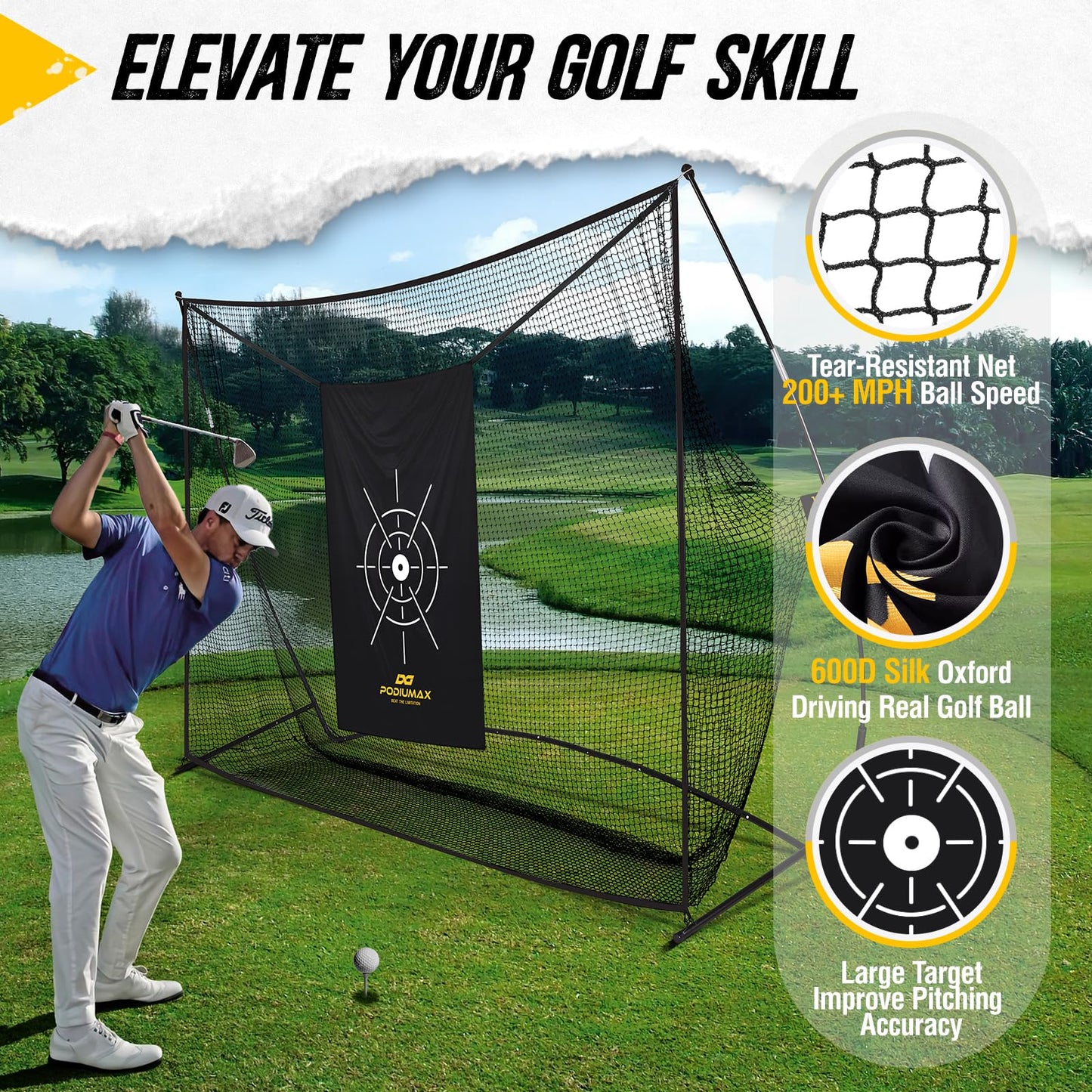 PodiuMax Golf Net, 10x7ft Golf Practice Net with Noise Reduce Silk Target Driving Real Balls, Hitting Nets for Backyard Garage, Improve Chipping Putting Pitching,Gift for Men & Golfers
