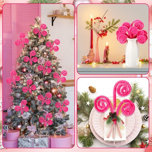 Daifunli 12 Pcs Hot Pink Curly Christmas Tree Picks Velvet Curl Decoration Spiral Curly Tree Topper Ornaments DIY Crafts for Wreath Fireplaces Vase Filler Holiday Ornament, 12 Inch