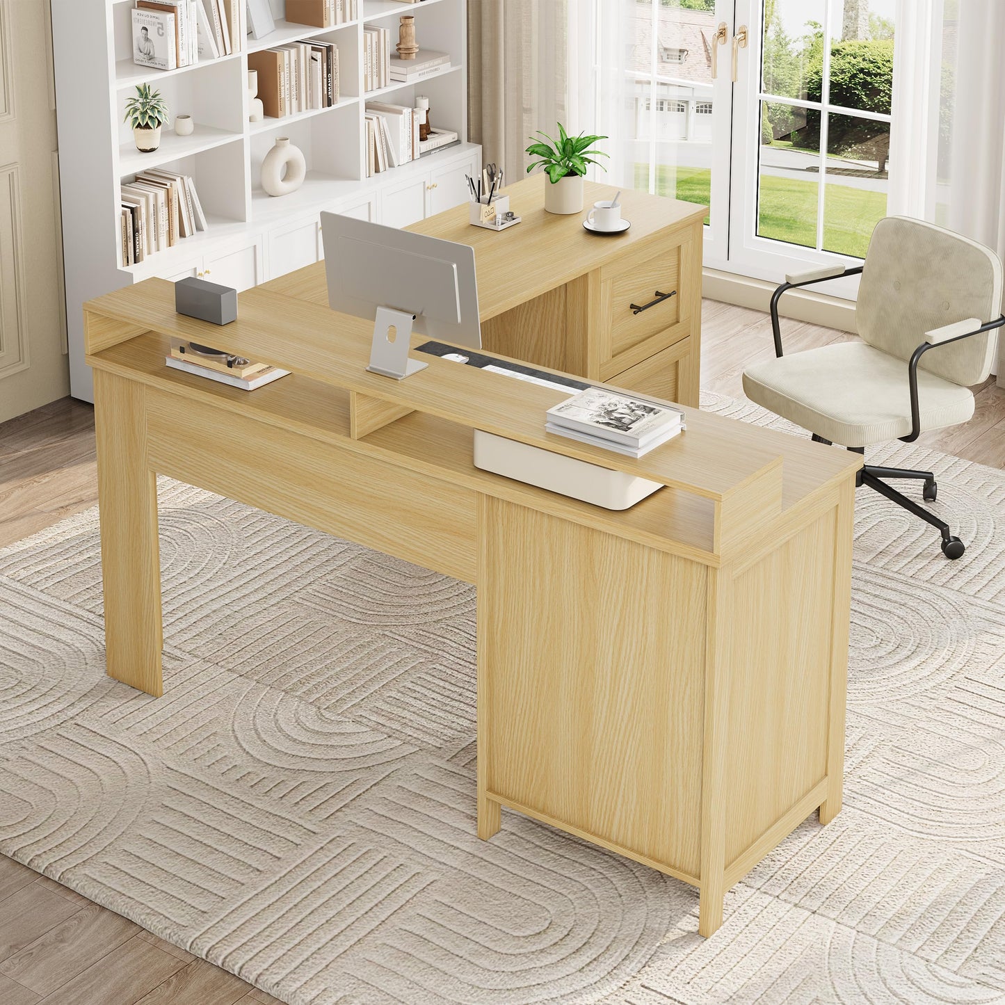 Garvee 63" Executive l Shaped Desk with 4 File Drawers & Power Outlet, Large Corner Computer Desk with Monitor Stand and Power Outlets, Home Office Desks with Storage Drawers