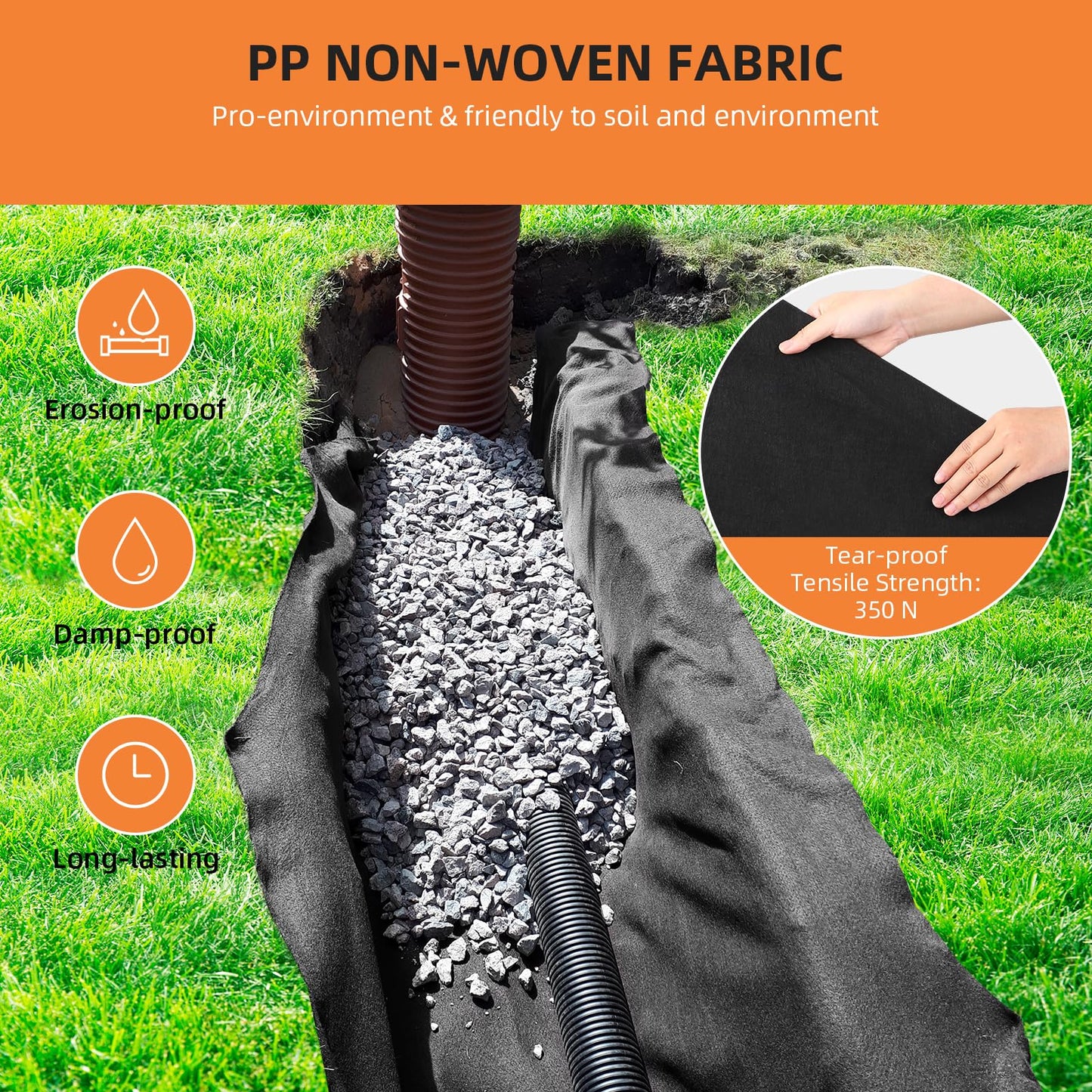ExploreHorizon 4ft x 100ft Geotextile Fabric, 6oz Polypropylene, 350N Tensile Strength, 440N Load Capacity for Driveway Stabilization, Road Base & Erosion Control