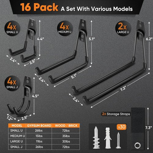 Nacial Heavy-Duty Garage Hooks - 16 Pack Utility Steel Wall Mount Storage for Bikes, Ladders & Tools