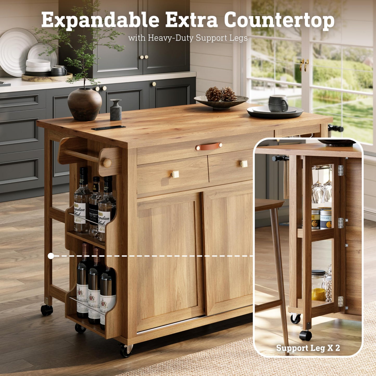 Kitchen Island with Storage & Charging Station, Rolling Kitchen Island Table on Wheels with Drop Leaf & 2 Drawers, Mobile Island Cart with Pull-Out Shelf, Spice Rack, for Dining Room (Natural)
