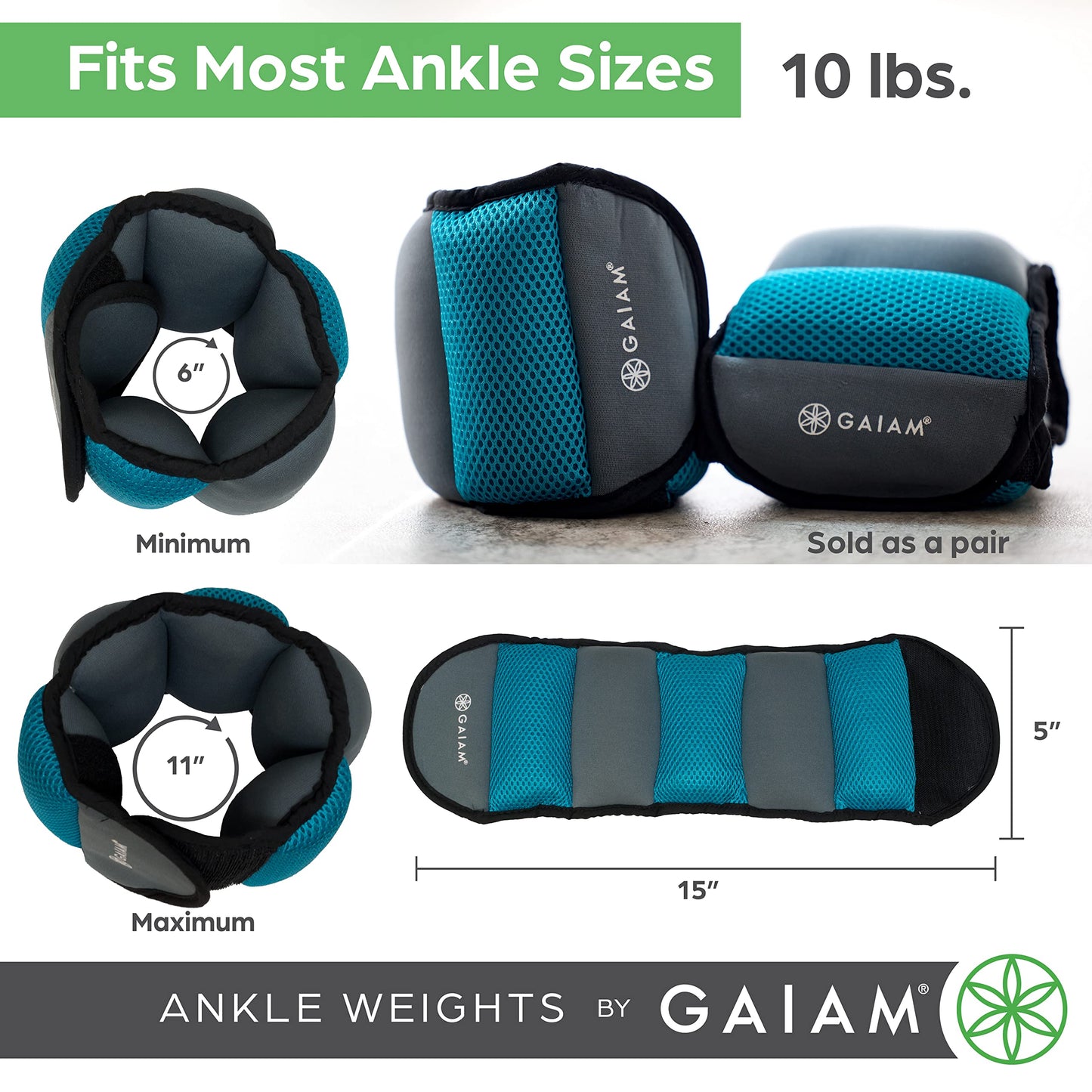 Gaiam Ankle Weights Strength Training Weight Sets For Women & Men With Adjustable Straps - Walking, Running, Pilates, Yoga, Dance, Aerobics, Cardio Exercises (10-Pound Set - Two (2) 5lb Weights)