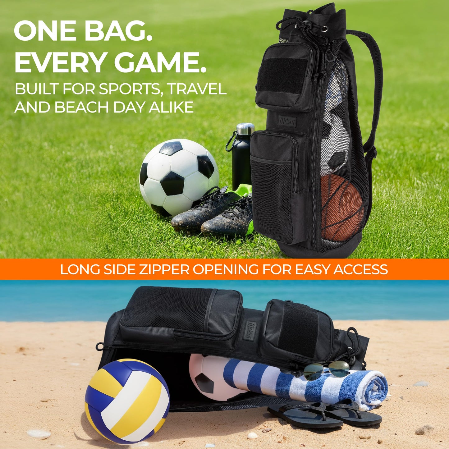 Fitdom 47L Heavy Duty Mesh Equipment Ball Bag w/Adjustable Padded Sling Shoulder Strap Design for Coach. 3 Different Size Compartments. Perfect for Soccer Football Volleyball Basketball & Water Sports