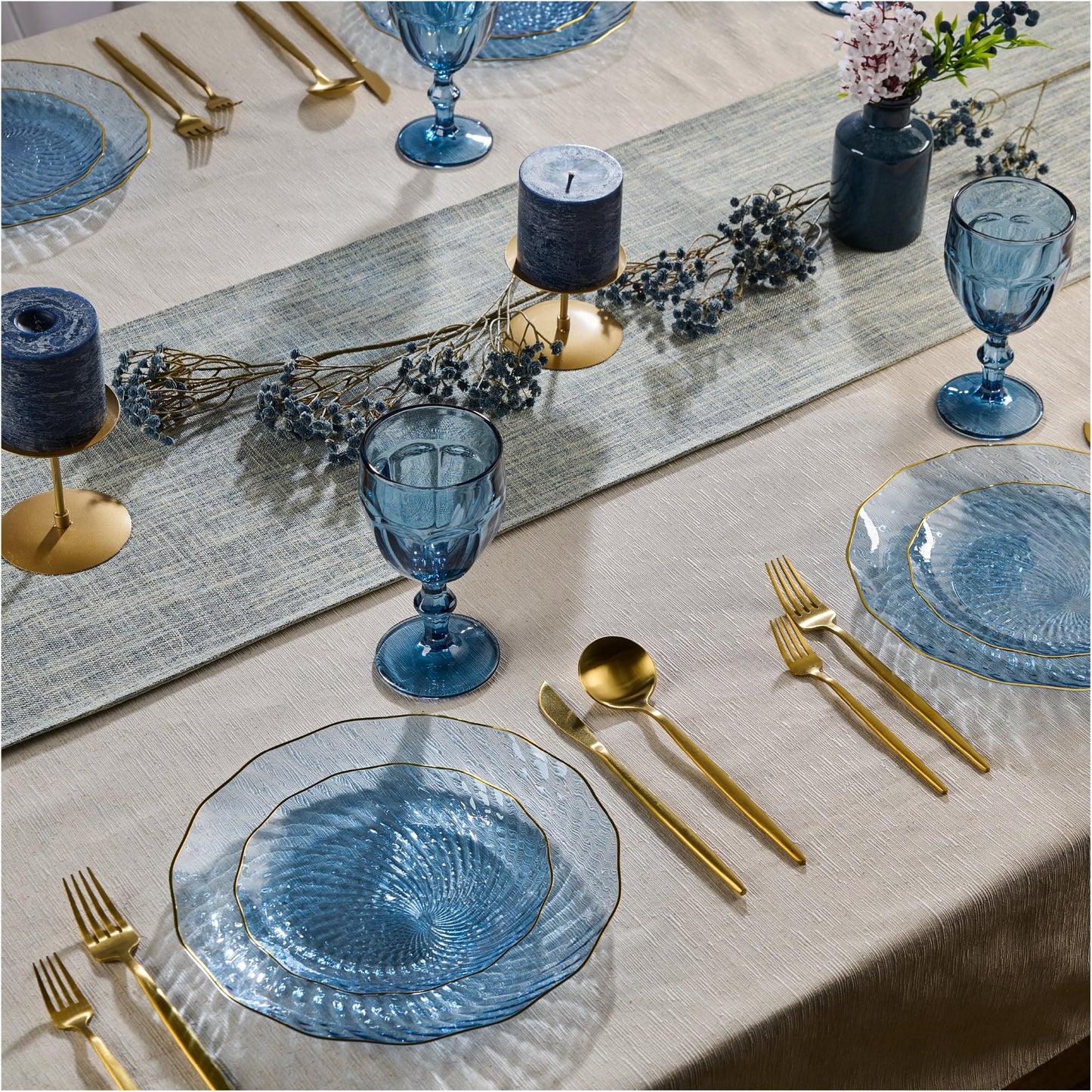 PLASTICPRO 120 Pack Plastic Plates Set of 60-10 inch Plates and 60-7 inch Plates, Elegant Clear Blue Spiral and Gold Rim Disposable Fancy Plates Premium Heavyweight