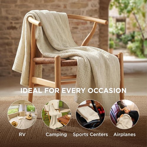 Bedsure 100% Cotton Muslin Blanket - Large 50x70 Inches, Soft & Breathable 4-Layer Throw in Linen Beige for Couch & Travel Decor