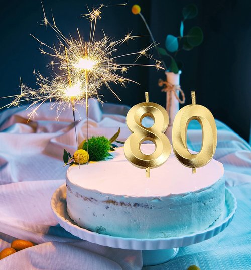 Gold Number 80 Birthday Candles by [Brand Name] - Elegant Cake Topper for 80th Birthday Celebrations