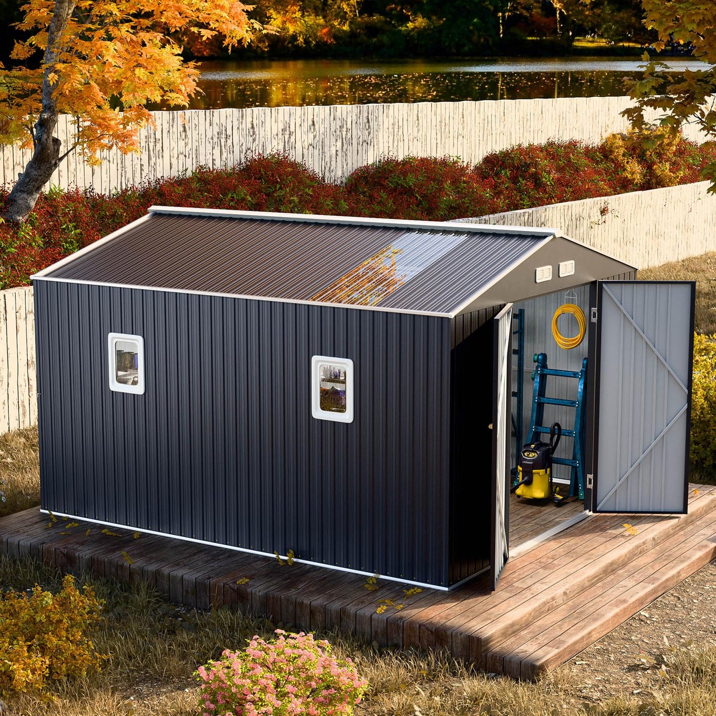 WELYAS 10x12 FT Outdoor Metal Storage Shed with Unique Floor Base Clear Roof Window Lockable Door Vent,Waterproof Heavy Duty Reinforced Frame Sheds for Yard Store Large Lawnmower Tool, Dark Grey