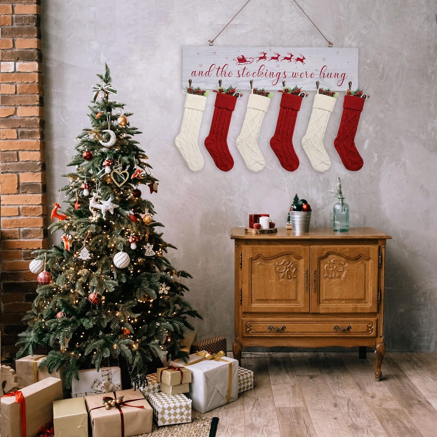 Regine Switzerland Christmas Stocking Holder - 24 Inch White Wall Sign with 6 Hangers for Mantel