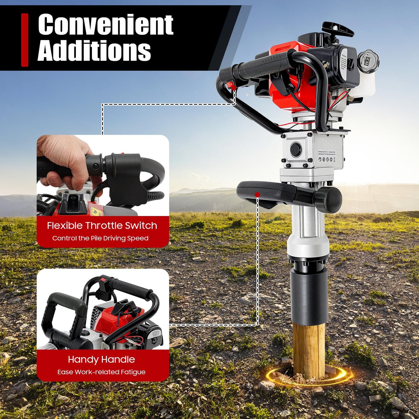 32.7CC 2 Stroke Gas Powered T Post Driver, 1000W Portable Fence Post Driver with Conversion Head, 7000RPM Petrol Pile Driver Hammer with Air-Cooled System for A Range of Piling Projects