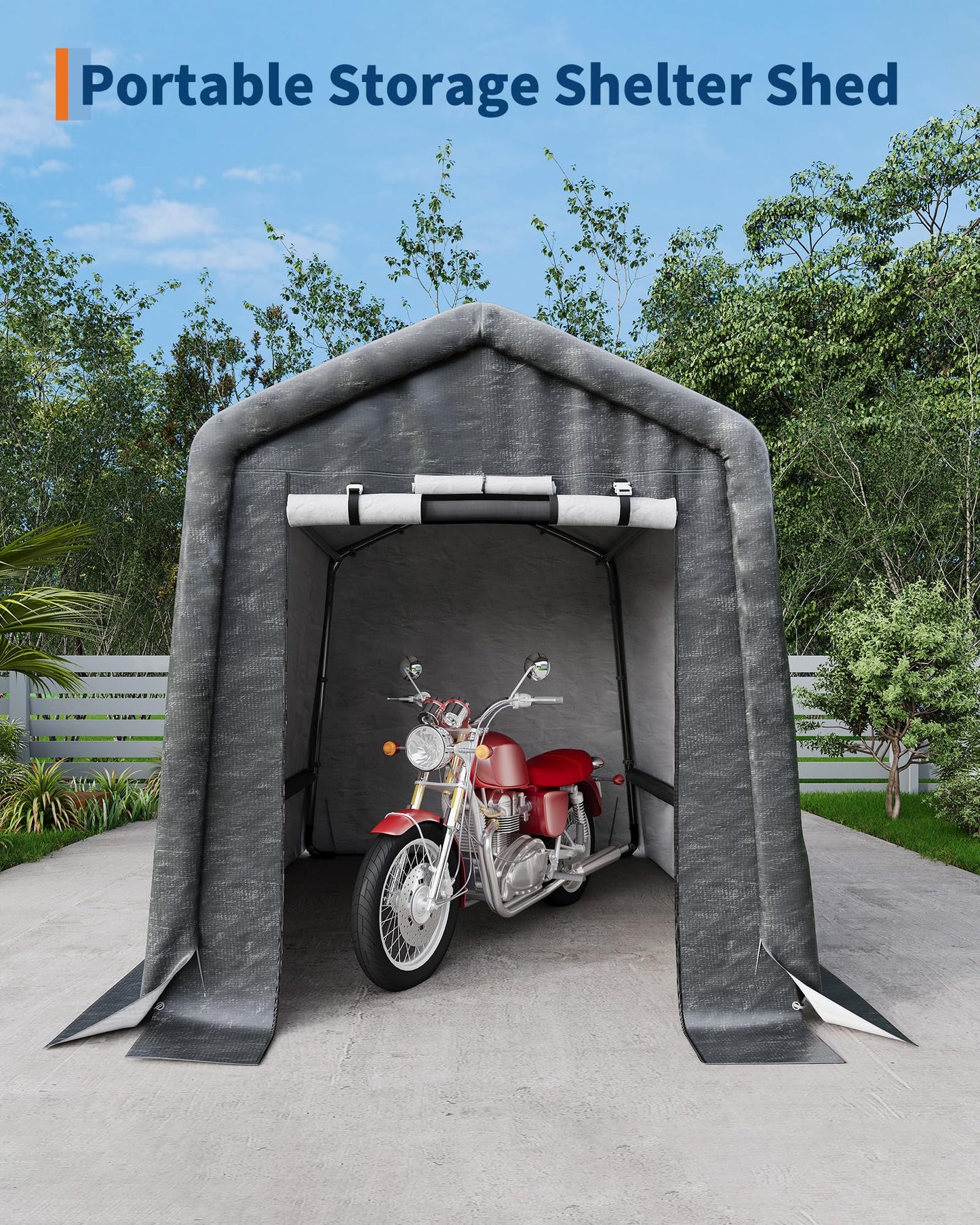 GarveeLife 6x8 ft Outdoor Portable Storage Shed with 2 Roll-Up Doors & Vents, 240G Heavy-Duty Shelter Waterproof PE Tarp, UV-Resistant Storage Sheds for Motorcycle, Firewood, Garden and Tools, Gray
