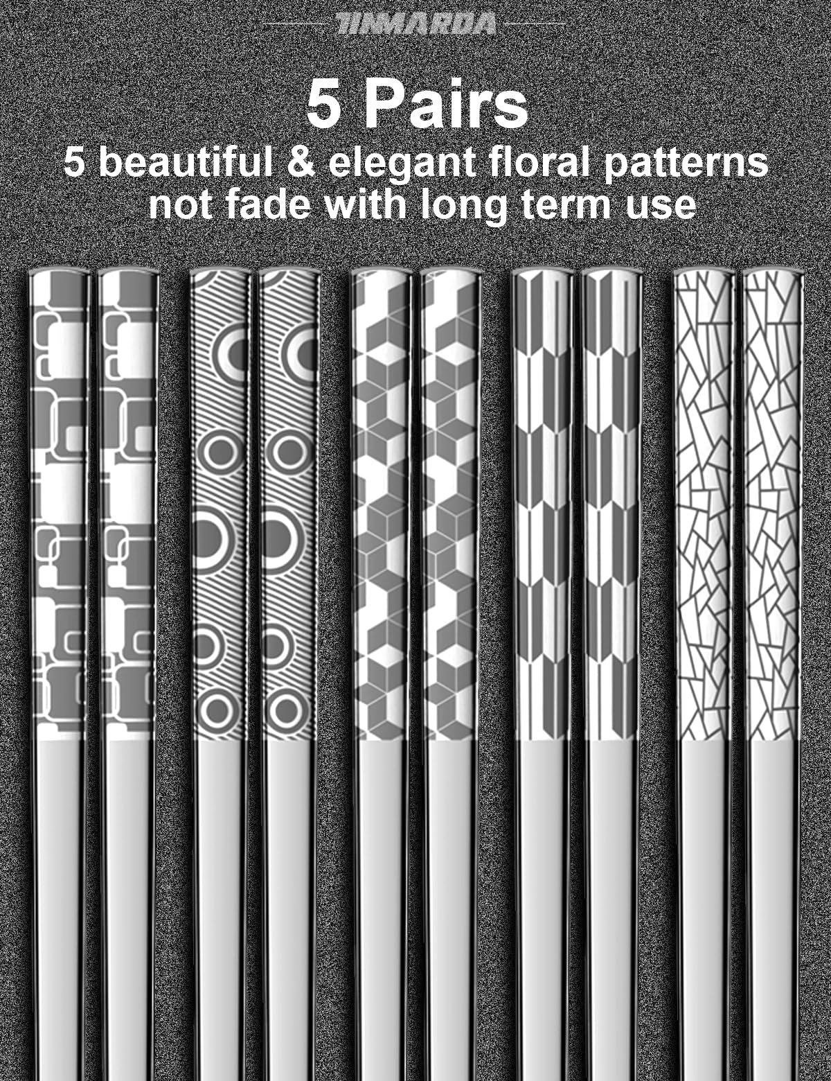TINMARDA Metal Chopsticks Reusable 18/8 Stainless Steel Chopstick Sleek Engraving Patterns Chop Sticks Reusable Dishwasher Safe Non-Slip Japanese Korean ChopStick 5 Pairs Present Set