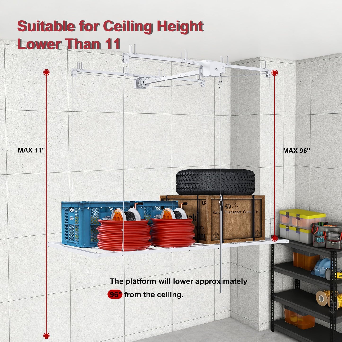 Leavader Manual Garage Storage Lift 3x6 FT for 10-12 ft Ceilings, Crank Down Overhead Storage Rack with Safety Lock, Heavy Duty Steel Garage Ceiling Storage System, 270LBS Capacity