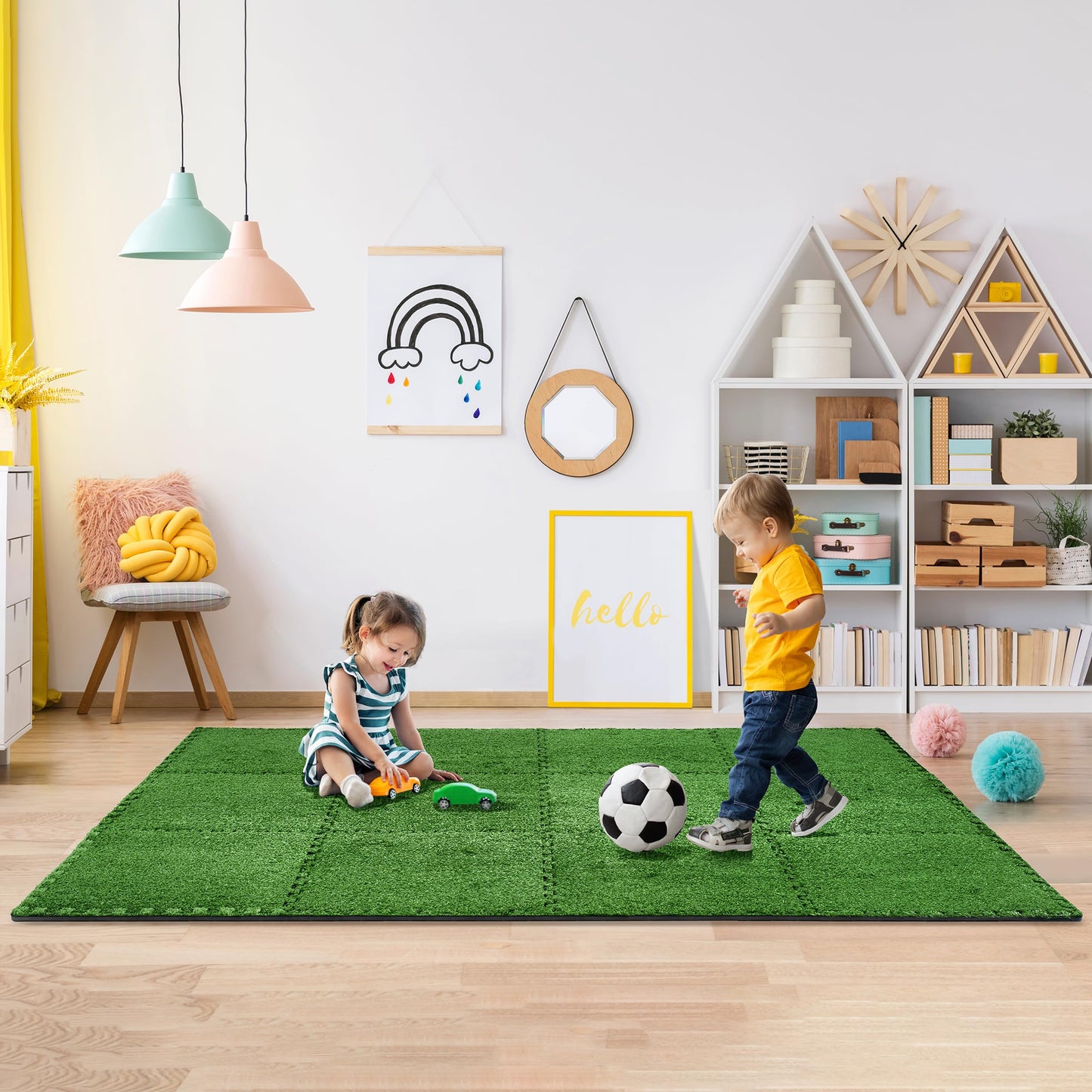 Sorbus Grass Foam Floor Tiles - 24 Interlocking Mats of 24"X24” Total of 96 Sq Ft for Kids Outdoor Toys, Playroom, Deck, Patio, Basement Home Gym - Artificial Carpet Grass Turf Indoor Outdoor Flooring