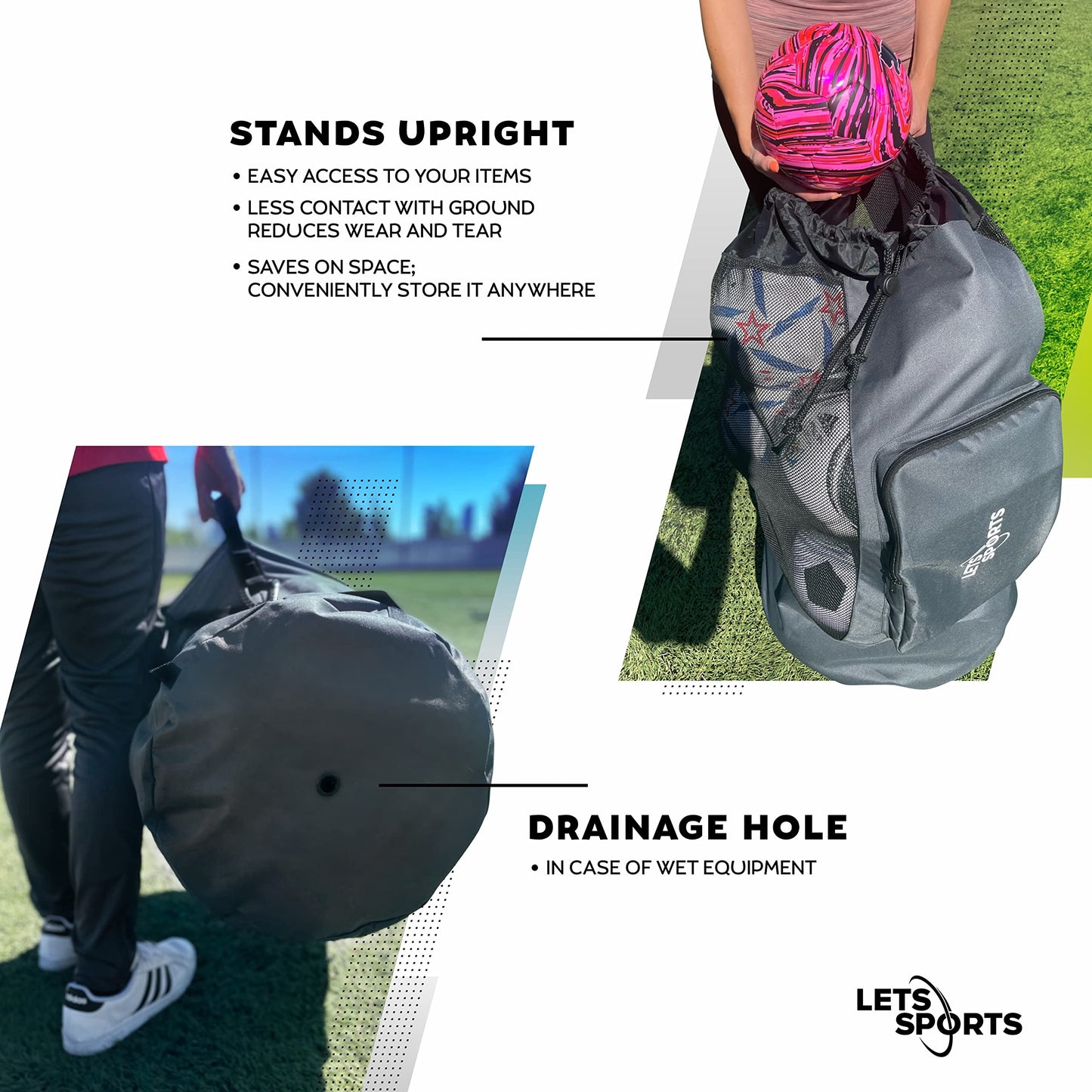 LETS Sports Soccer Ball Bag for Basketball, Volleyball & Football | Large Drawstring Ball Bags Mesh | Heavy-Duty Soccer Ball Bags for Coaches | Equipment Bag w/Shoulder Strap | 37" x 17" - Grey Black