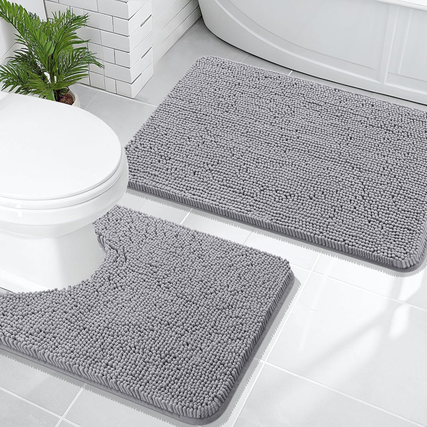 OLANLY Chenille Bath Rug Set - U-Shaped Toilet Rug & Bathroom Mats | Grey, 3-Piece Bundle (30x20, 24x20)