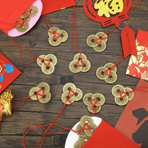 JUNEBRUSHS 16Pcs Chinese Fortune Feng Shui Coins New Year Lucky Coins Charms Hanging Pendant Decorations for New Year Home Health Wealth Success Lucky Decor(4 Style)