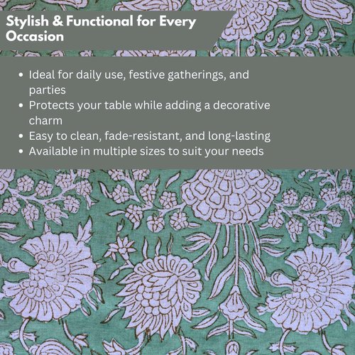 Handblock Print Cotton Tablecloth – 72x135 Rectangle Table Cover Seats 8-10 – Indian Block Printed Floral Dining Table Linen – Boho Washable Cloth for Kitchen, Party, Outdoor (Green)
