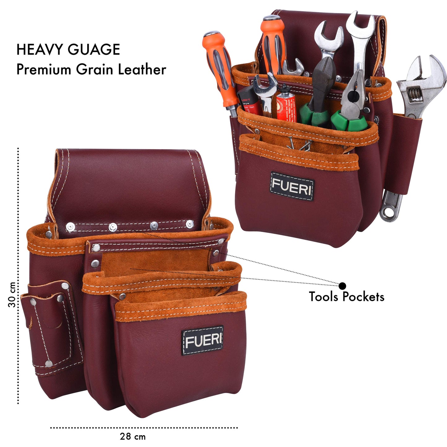 FUERI Full Grain Leather tool belts for men, Heavy-duty Carpenter Tool Rig organizer with 17 Pockets pouches, hammer holder, 4-Suspender loops, and a foam-padded belt for Framers, and Electricians