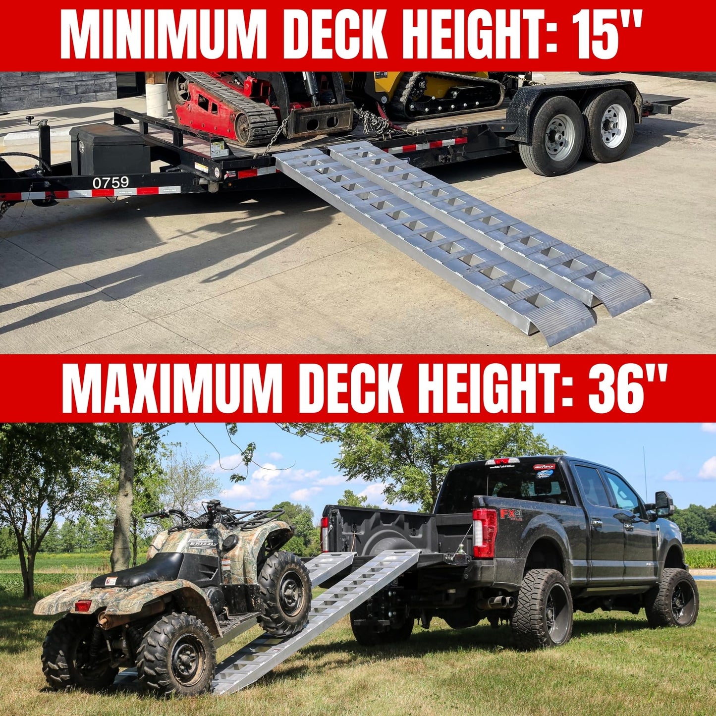 GEN-Y Hitch Extreme Duty Aluminum Loading Ramps - Set of 2, 6 Feet Long x 15 Inches Wide, 10000 LBS Capacity, Hybrid Hook and Plate Ends, Serrated Cross Rungs for Maximum Traction