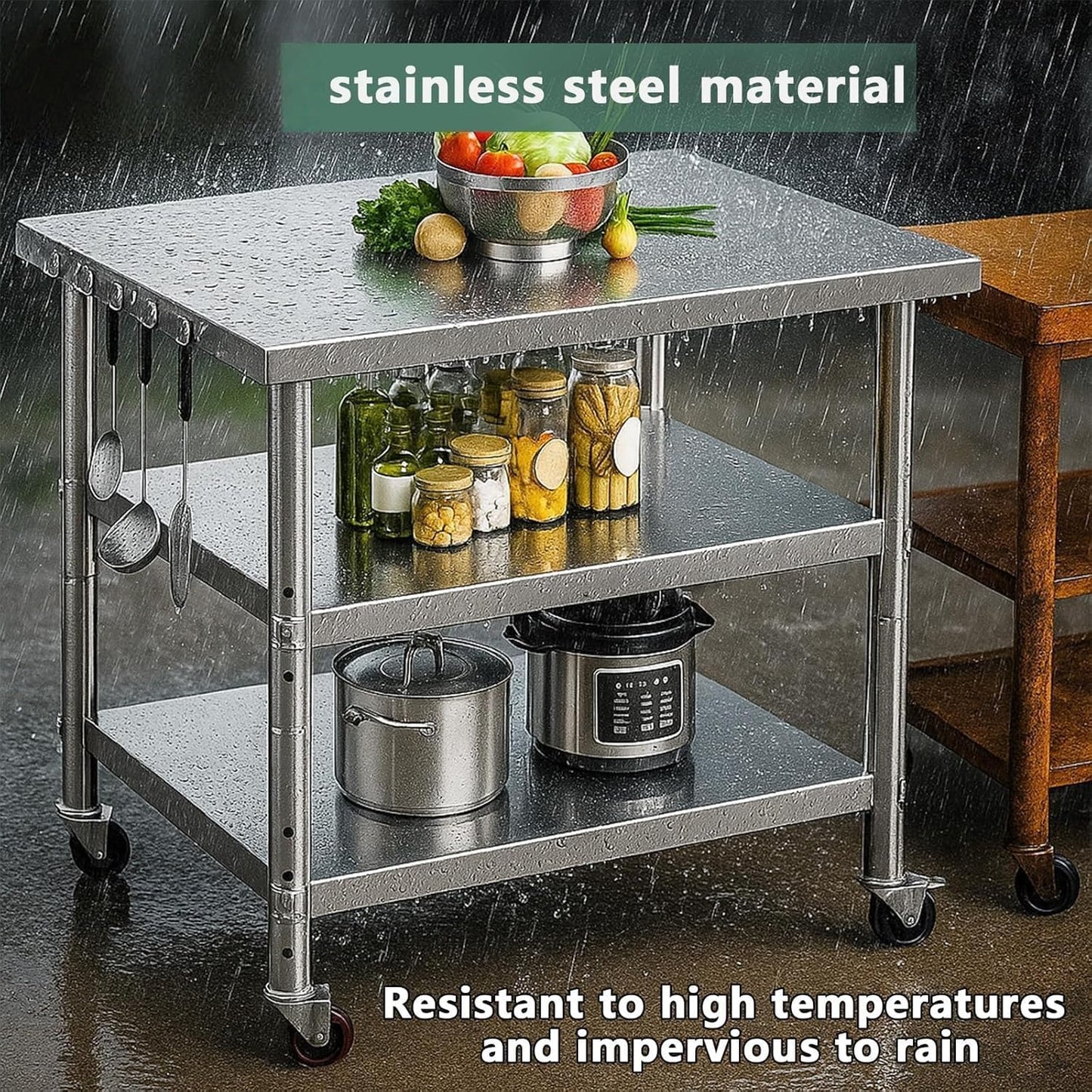 Stainless Steel Table with Wheels for Food Preparation and Work, Multi-Size Optional, Three-Layer Variable Two-Layer Metal Commercial Workbench Outdoor, Restaurant, Kitchen(36" Lx24 Wx35 H)
