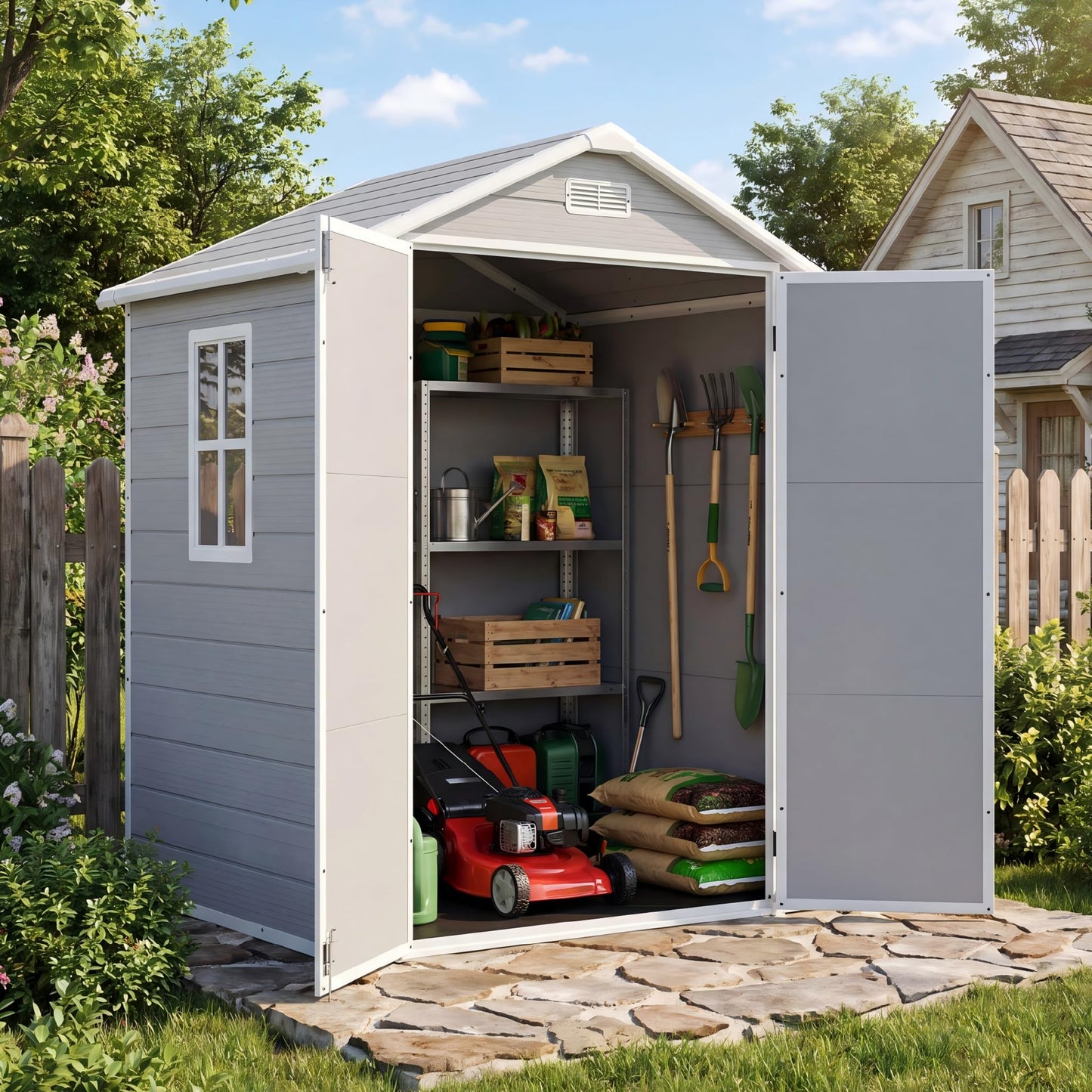 Patiowell 6x4 FT Resin Outdoor Storage Shed with Floor, Plastic Storage Shed with Lockable Door, Outside Shed Perfect to Store Patio Furniture, GardenTools Bike Accessories, Lawn Mower, Light Gray