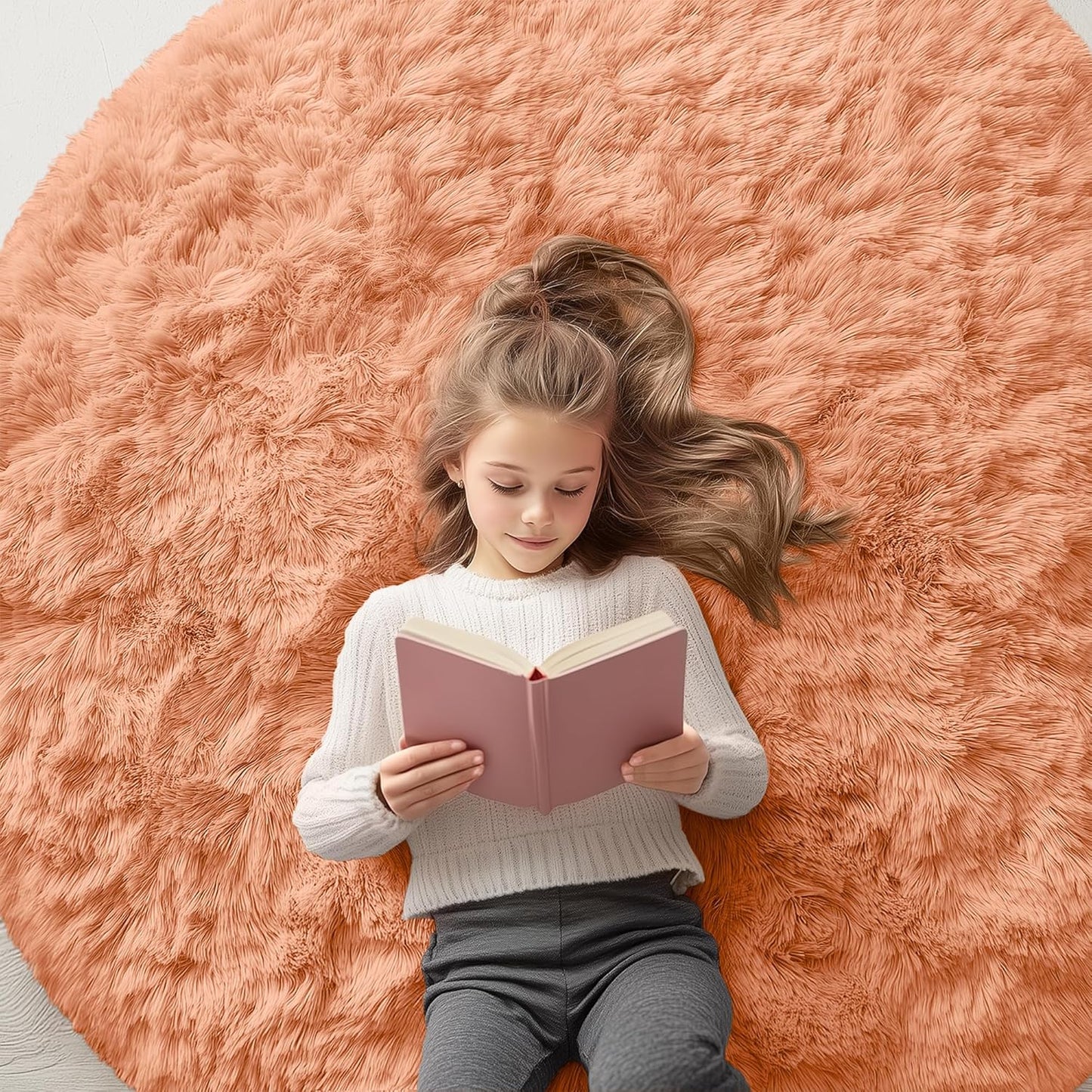 OLANLY Round Area Rug - Soft Muted Orange Shaggy Carpet, 5 ft Circle for Bedroom & Living Room Decor