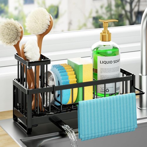 HapiRm Sponge Holder - Self-Draining Kitchen Sink Caddy with Brush & Dishcloth Holders | Stainless Steel - Black