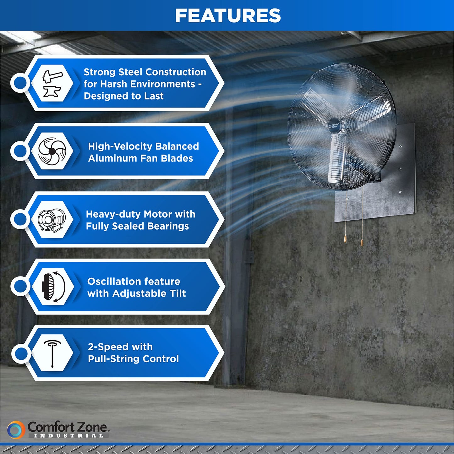 Comfort Zone Oscillating High Velocity Industrial Wall Fan, 30 inch, 2 Speed, All Metal, Adjustable Angle & Tilt, Steel Mounting Bracket, Aluminum Blades, Ideal for Garage or Workshop, CZHVW30EX