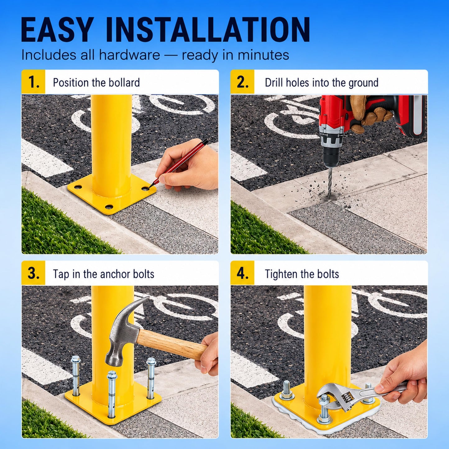 Trafford Industrial Yellow Powder-Coated Steel Safety Bollard, Heavy-Duty Bollard Post, Parking Barrier for Traffic Safety and Access Control, Hardware Included
