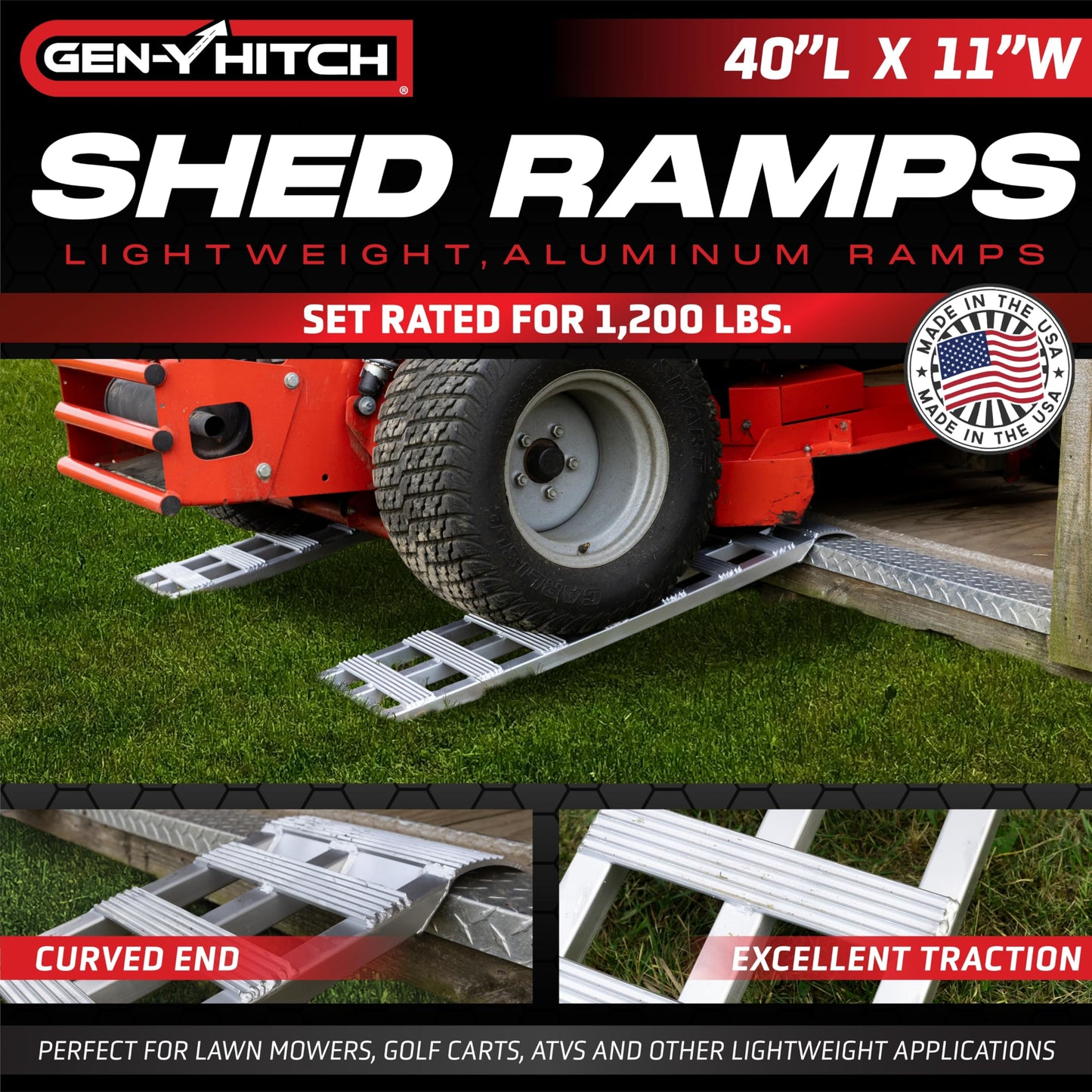 GEN-Y Hitch Aluminum Loading Ramps - Set of Two 40-Inch x 11-Inch Ramps for ATVs, Motorcycles, Mowers, Carts, and Sheds - 1,200 LBS. Combined Capacity with Serrated Rungs