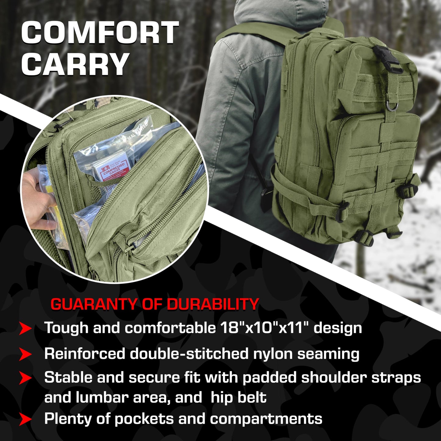 MediTac Rucksack Assault Trauma Tactical Kit Feat. SOF Tourniquet, Chest Seals, Clotting Gauze – Olive Drab