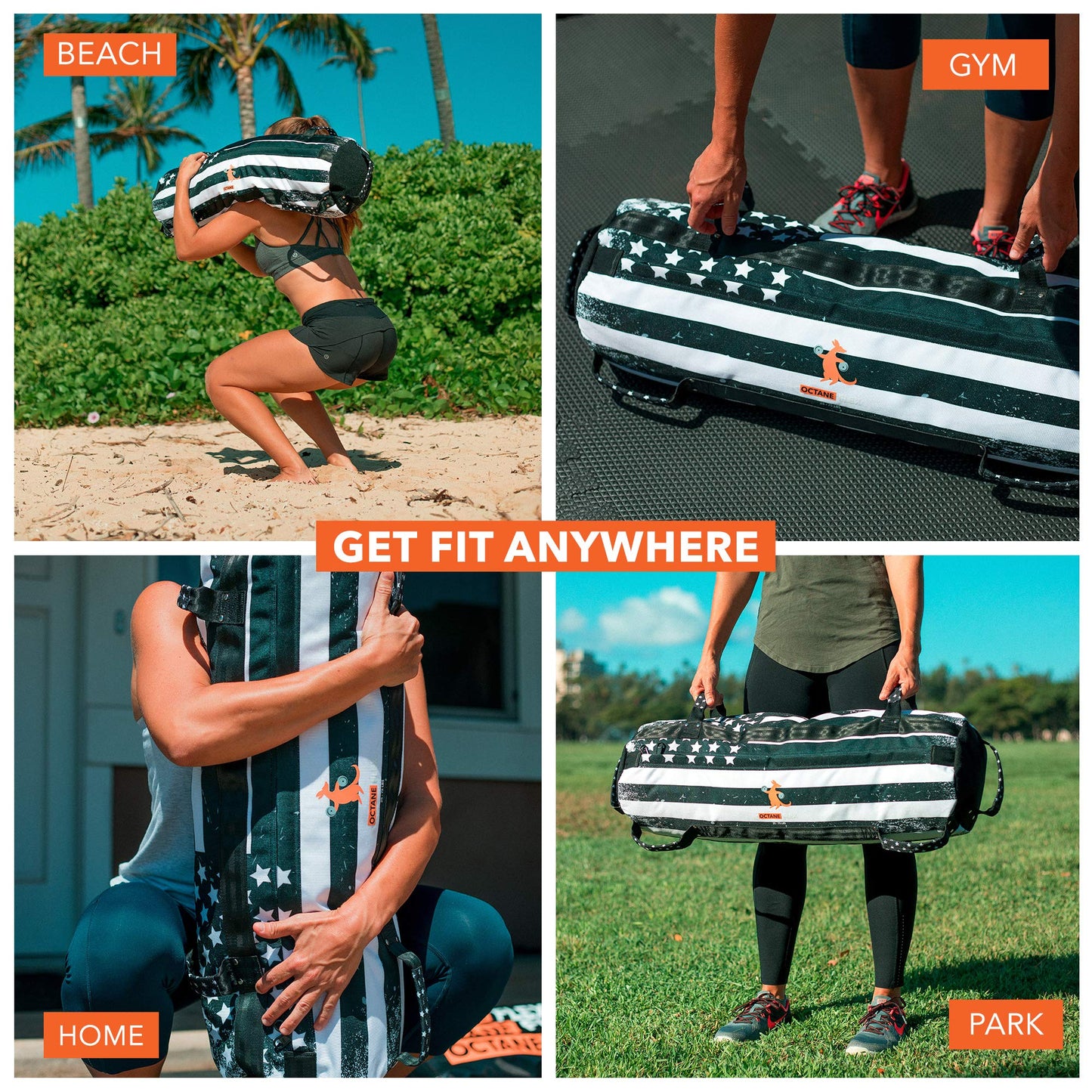 Octane Flex Adjustable Sandbags for Fitness 75lb - Home Workout Sandbag Set with 3 x Filler Bags and Exercise Poster - Training Weighted Sand Bag Equipment with Handles for Gym & Crossfit USA (75)