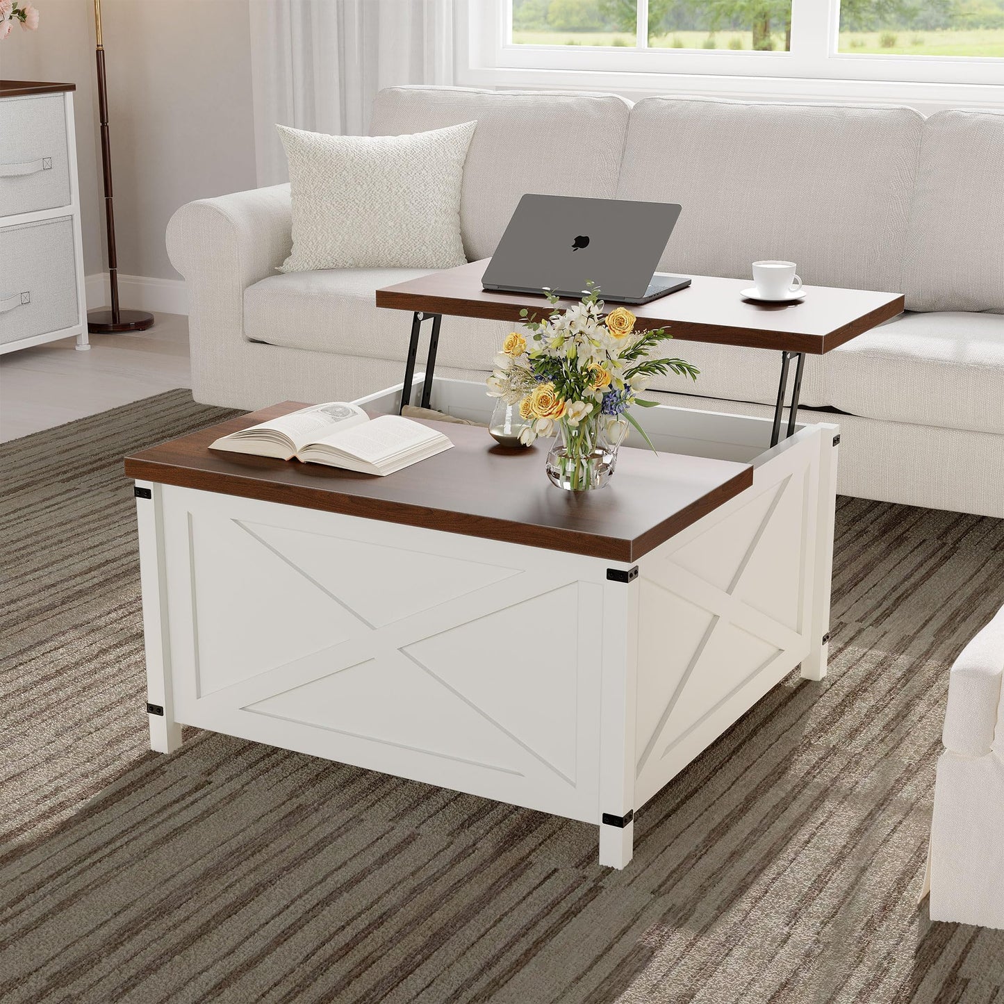 GarveeHome Hydraulic Lift Top Coffee Table with Hidden Storage, Farmhouse Industrial Style Accent Table, Sturdy Wood & Metal Construction, Safe Lift Mechanism, for Living Room Office