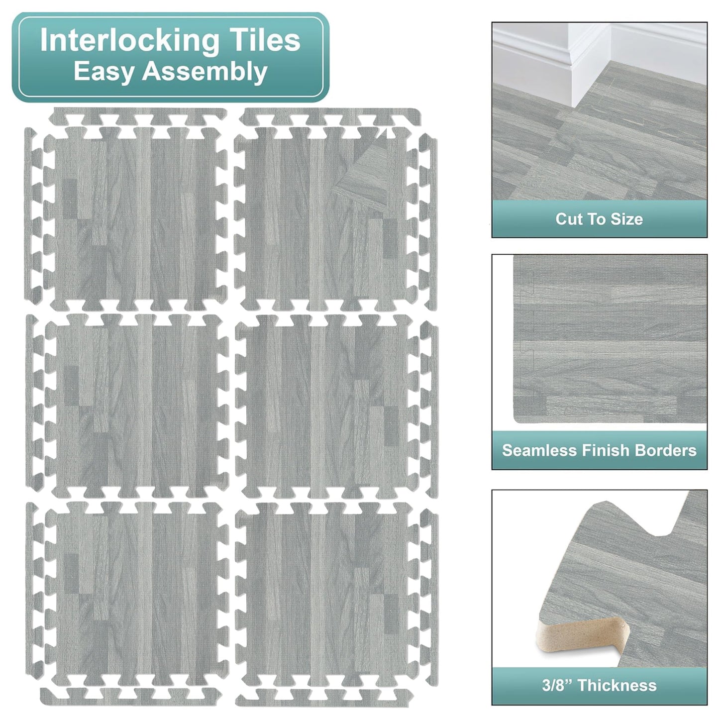 Sorbus Wood Floor Mats Foam Interlocking Mats Each Tile 1 Square Foot 3/8-Inch Thick Puzzle Wood Tiles with Borders – for Home Office Playroom Basement (16 Tiles 16 Sq ft, Wood Grain - Gray)