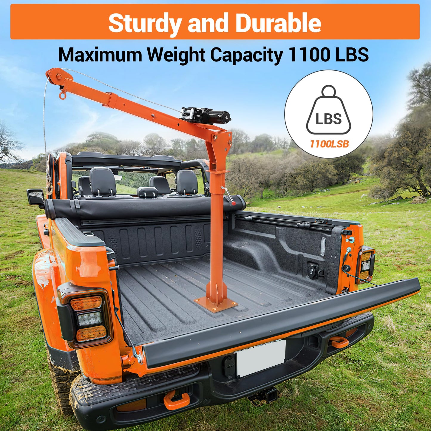Hydraulic Pickup Truck Crane, 1000 lbs Capacity, 360°Swivel, Hitch Mounted Crane with 3 Adjustable Capacities of 500 Lbs, 750 Lbs and 1000 Lbs for Lifting Goods in Construction, Industry(Orange)