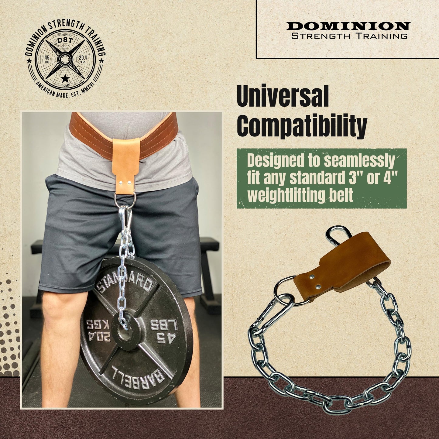 Leather Dip Belt Strap with Chain for Weight Lifting - For Weighted Dips and Pullups - Made in the USA